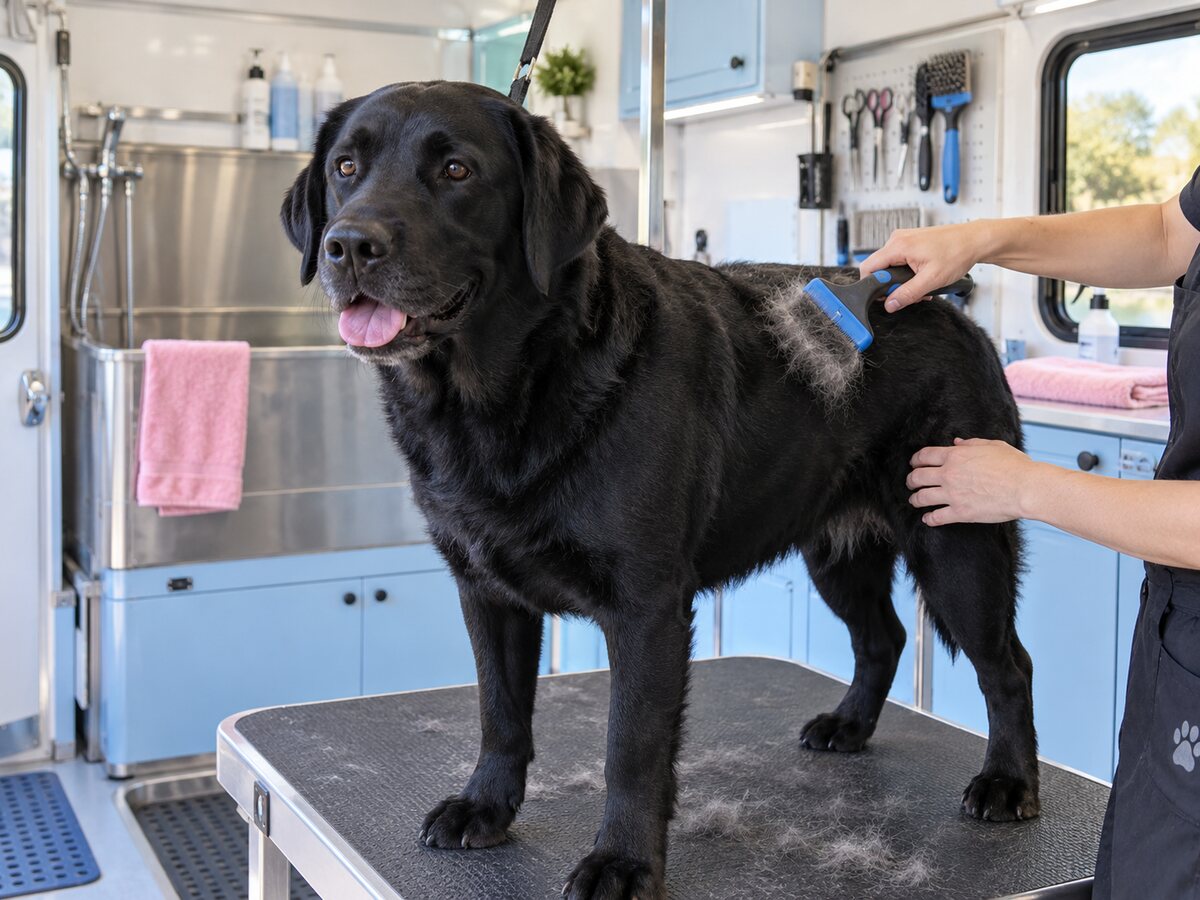 Dog receiving a de-shedding treatment inside a mobile grooming trailer