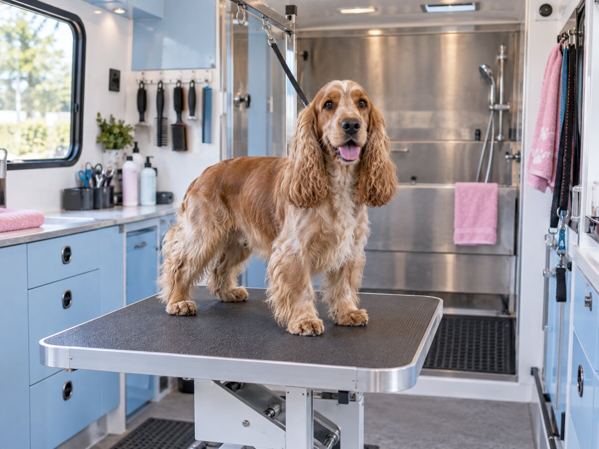 Medium 12 to 15 kilogram dog being groomed inside a mobile grooming trailer