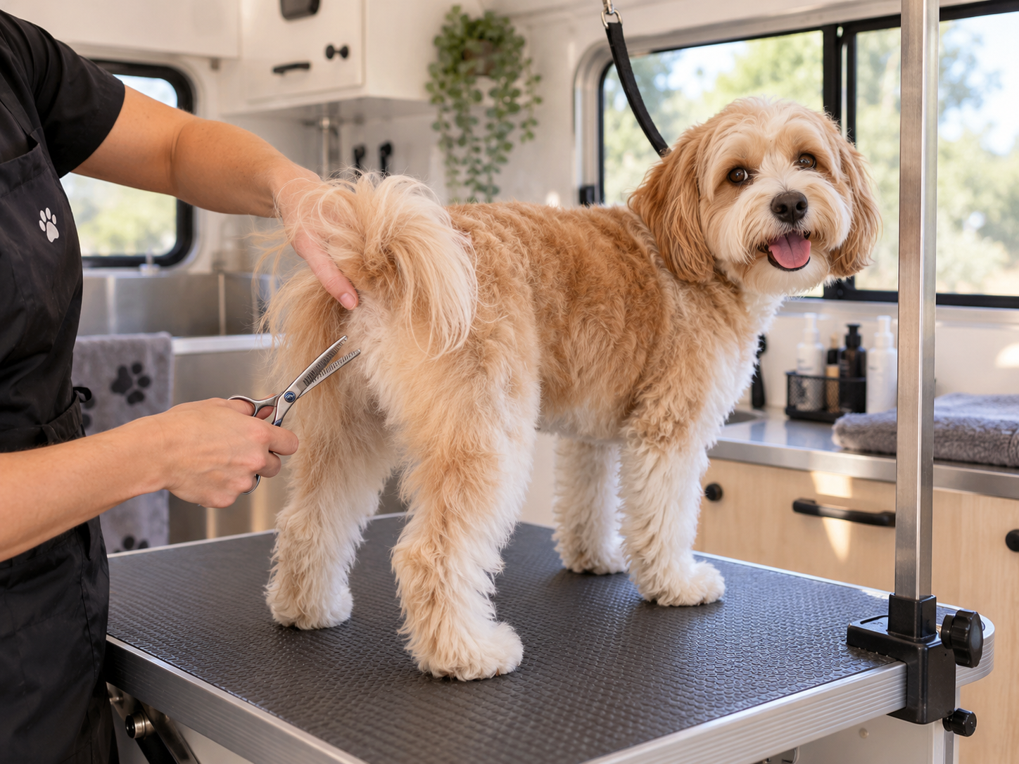 Dog receiving a gentle sanitary trim inside a mobile grooming trailer