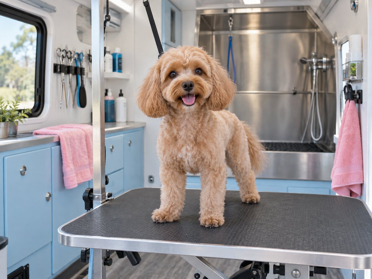 Small dog being groomed inside a mobile grooming trailer