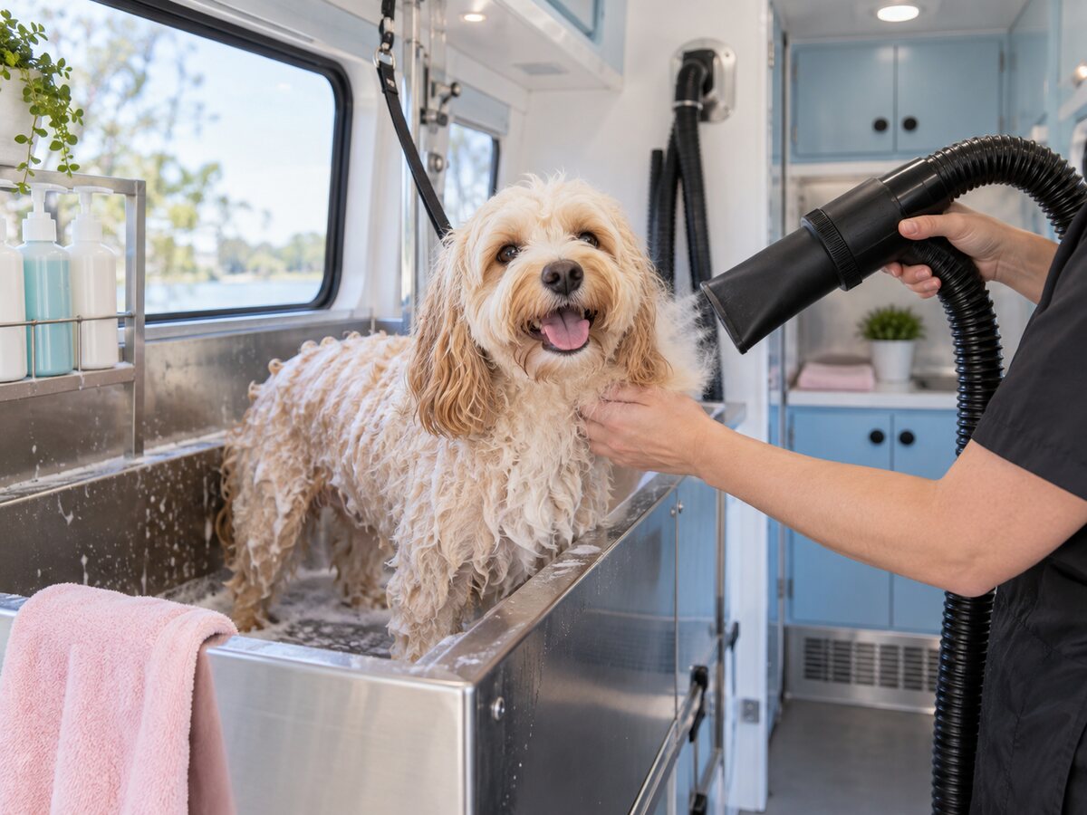 Dog having a wash and blow-dry inside a mobile grooming trailer